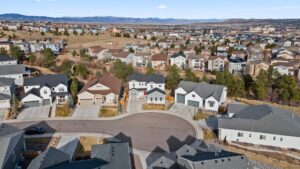 A drone view of a high end luxury home in Castle Rock, Colorado