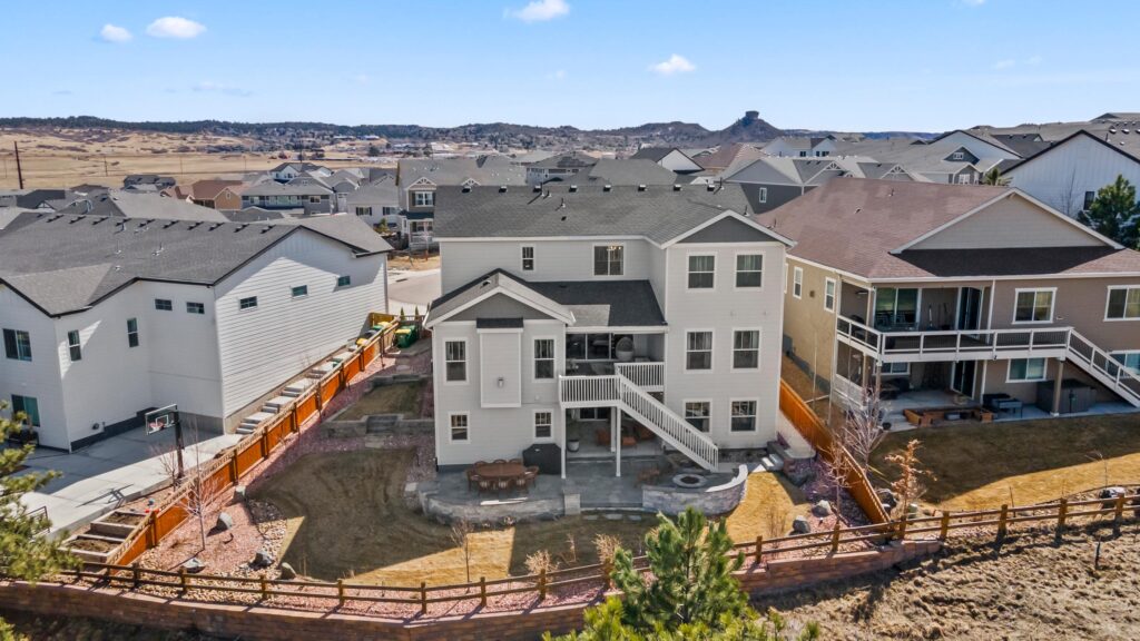 A drone view of the back yard of a high end luxury home in Castle Rock, Colorado