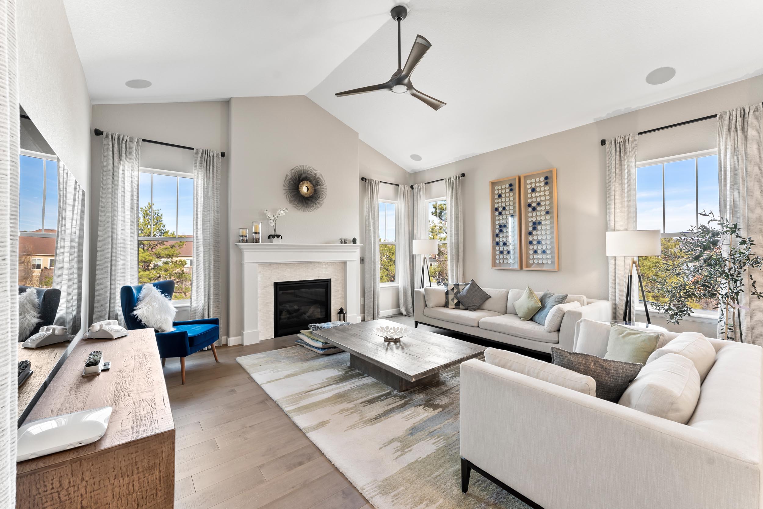 A high end living room with views from every window.