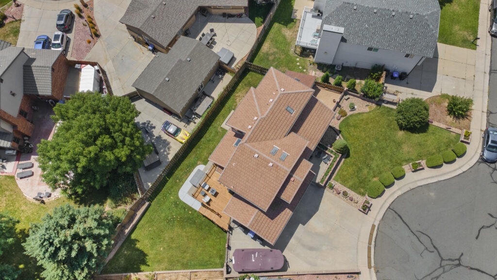 Birds eye top down drone view of a luxury property in Parker with in a cul-de-sac